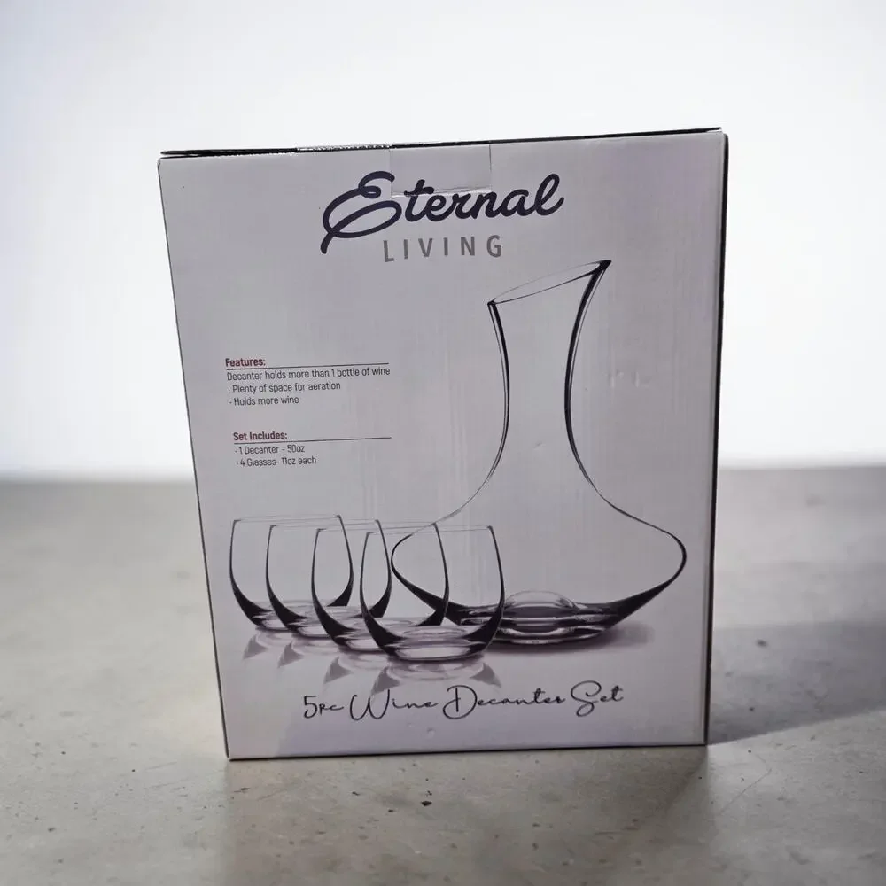 Eternal Living 5pc Wine Decanter Set with 4 Stemless Wine Glasses New In Box